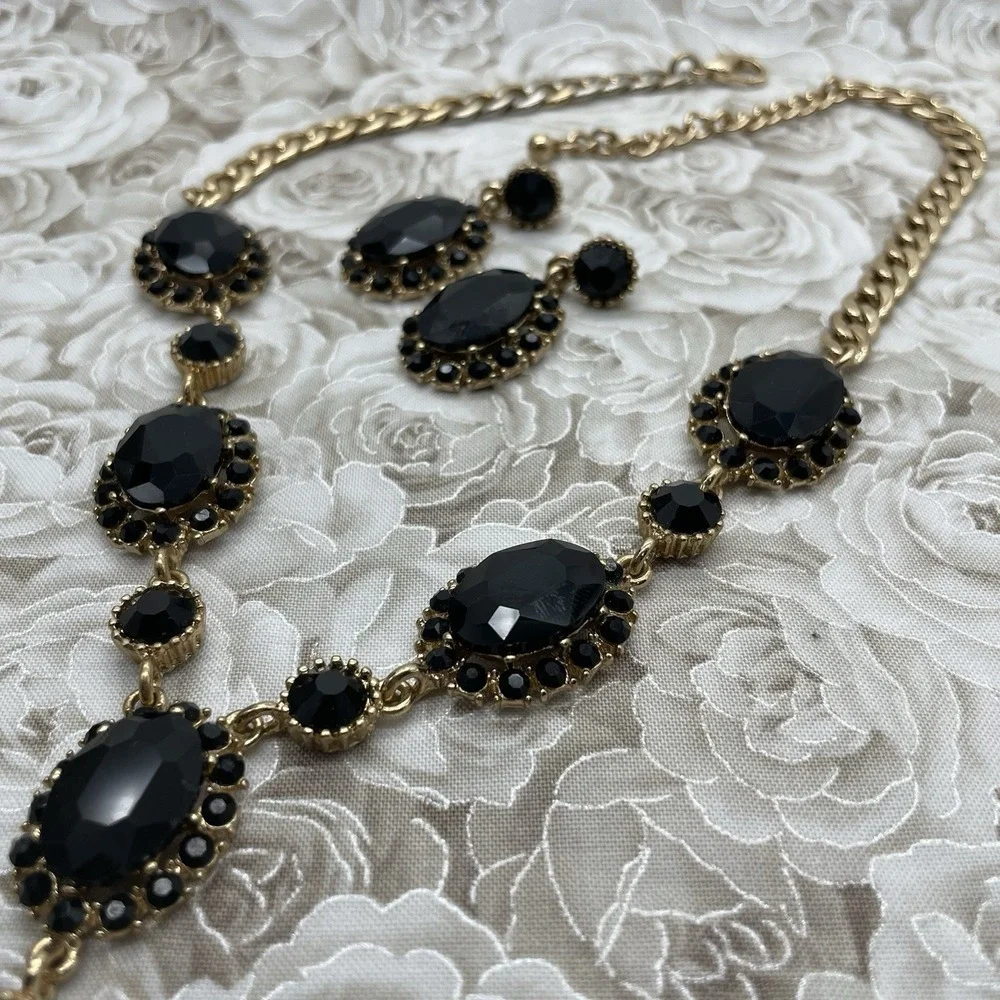 Necklace‎ & Dangle Earrings Gold Tone Black Faceted Teardrop Adjustable Fashion